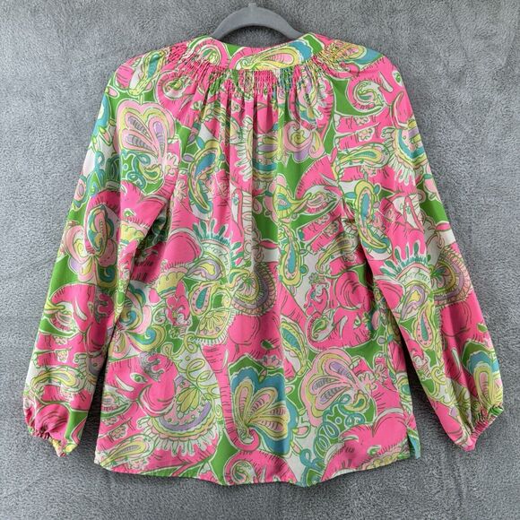 Lilly Pulitzer Top XS Silk Elsa Chin Chin Elephant Pink Ballon Sleeve V-Neck - Picture 9 of 16